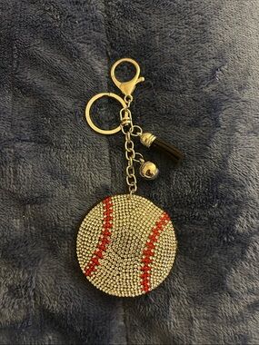 Crystal Baseball Charm Keychain - silver Tone with Red Accent